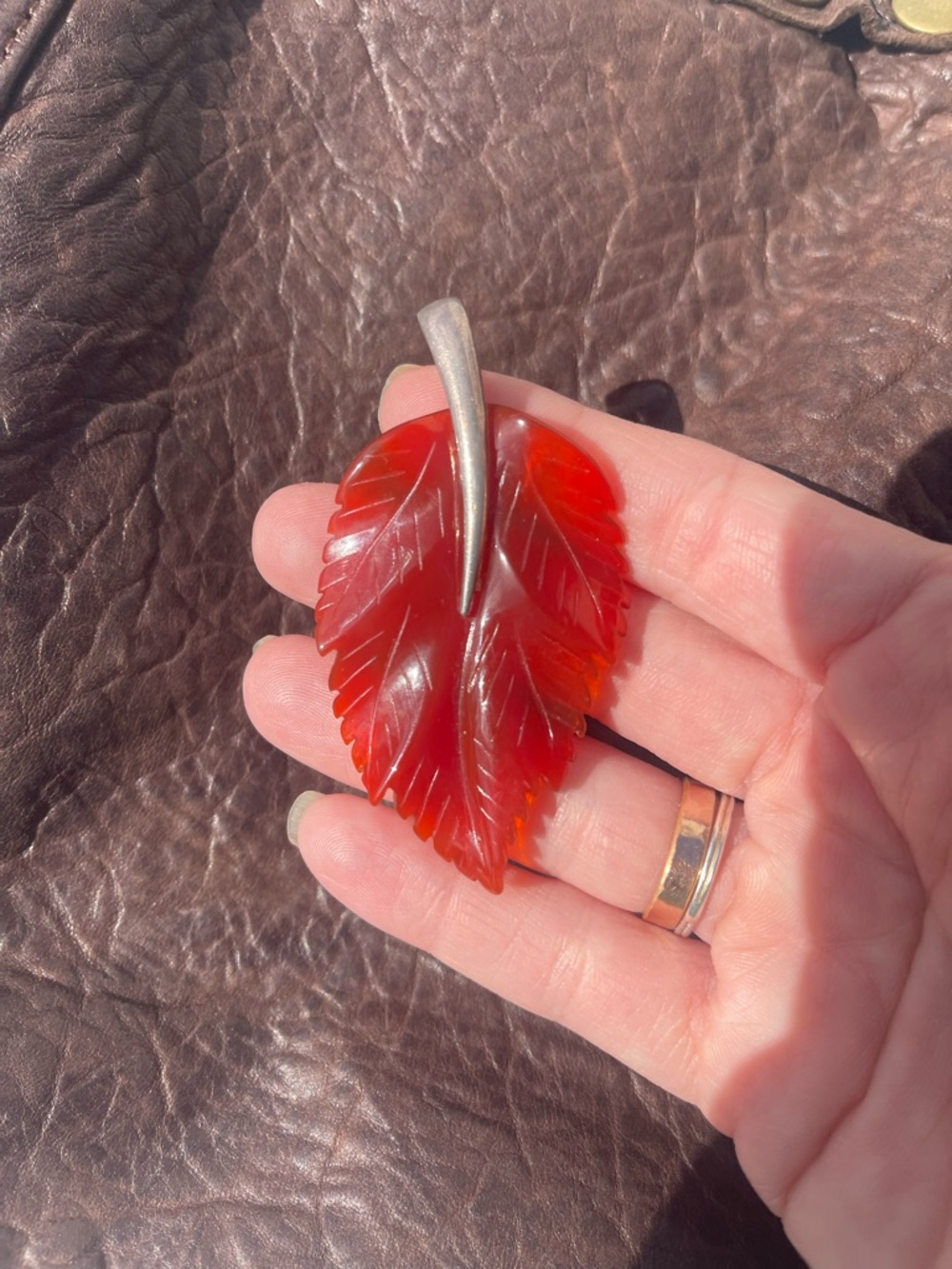 Carved Red Glass Leaf Pendant with Sterling Silver Stem